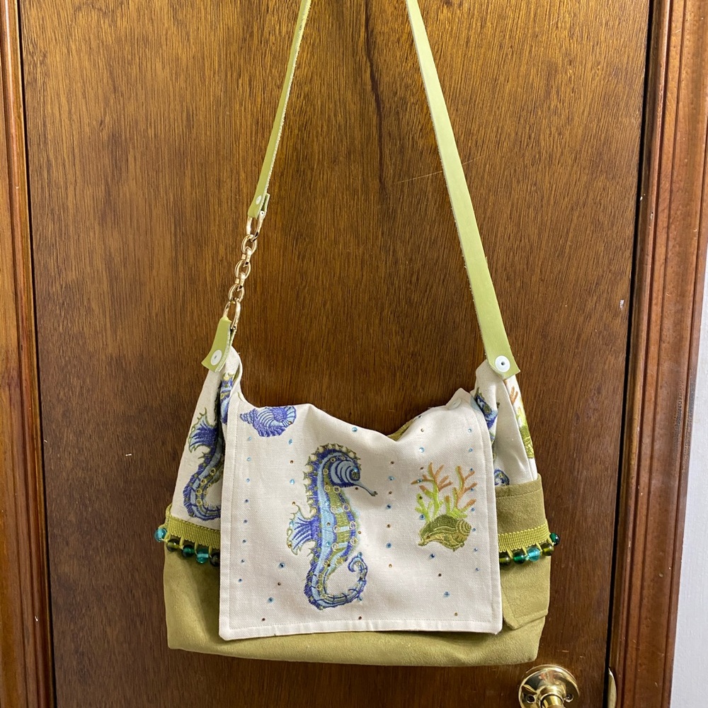 Seahorse Embroidered Canvas Shoulder Bag in Light Green